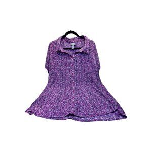 Catherines Size 1X Purple White Short Cap Sleeve Blouse Button Front